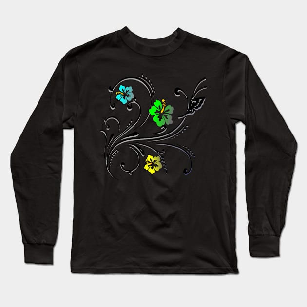 Flowers and Butterfly Blue Long Sleeve T-Shirt by longford